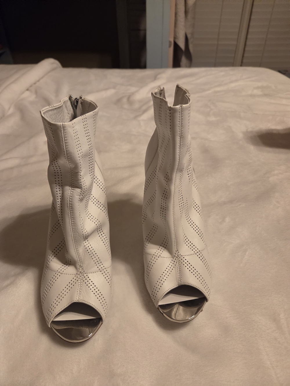 Chinese Laundry White Perforated Peep-Toe Ankle Booties with Side Zip